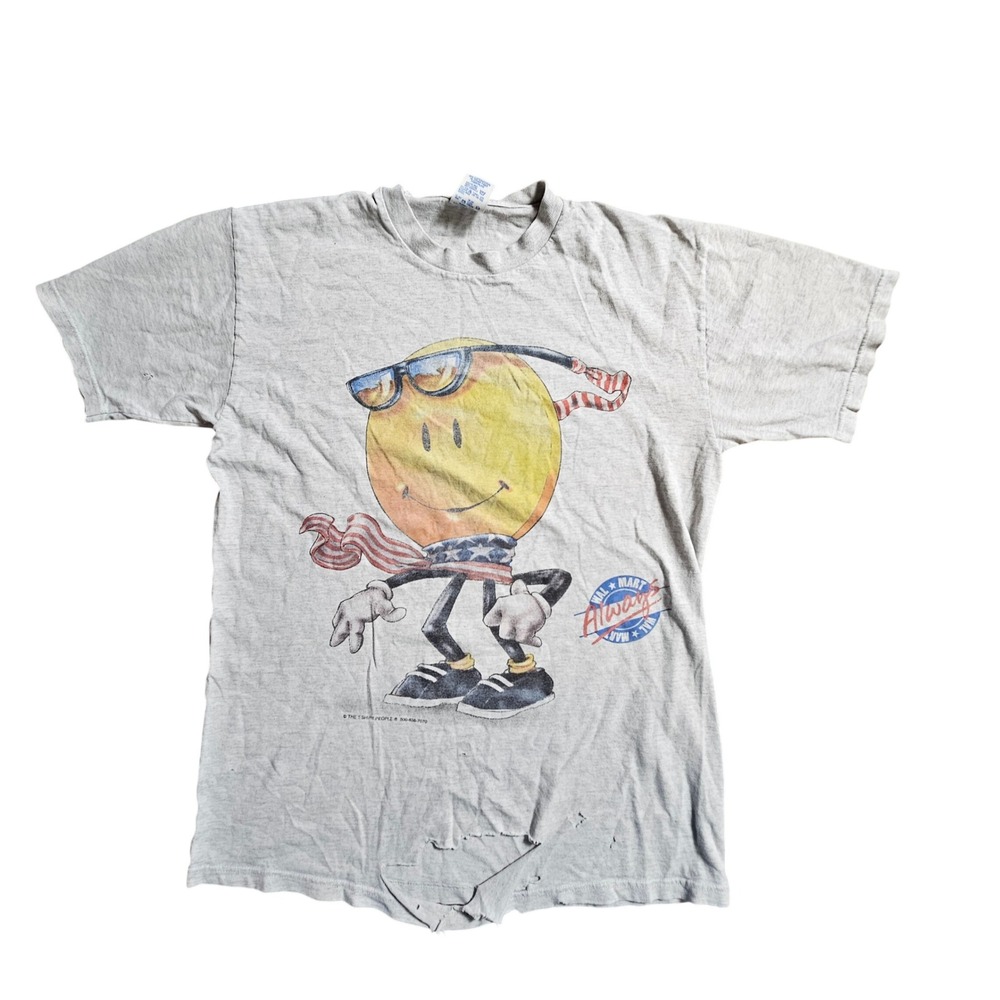 VTG Always Smile Face Tee Shirt Size M Graphic Jerzees Y2K Retro Thrashed 90s
